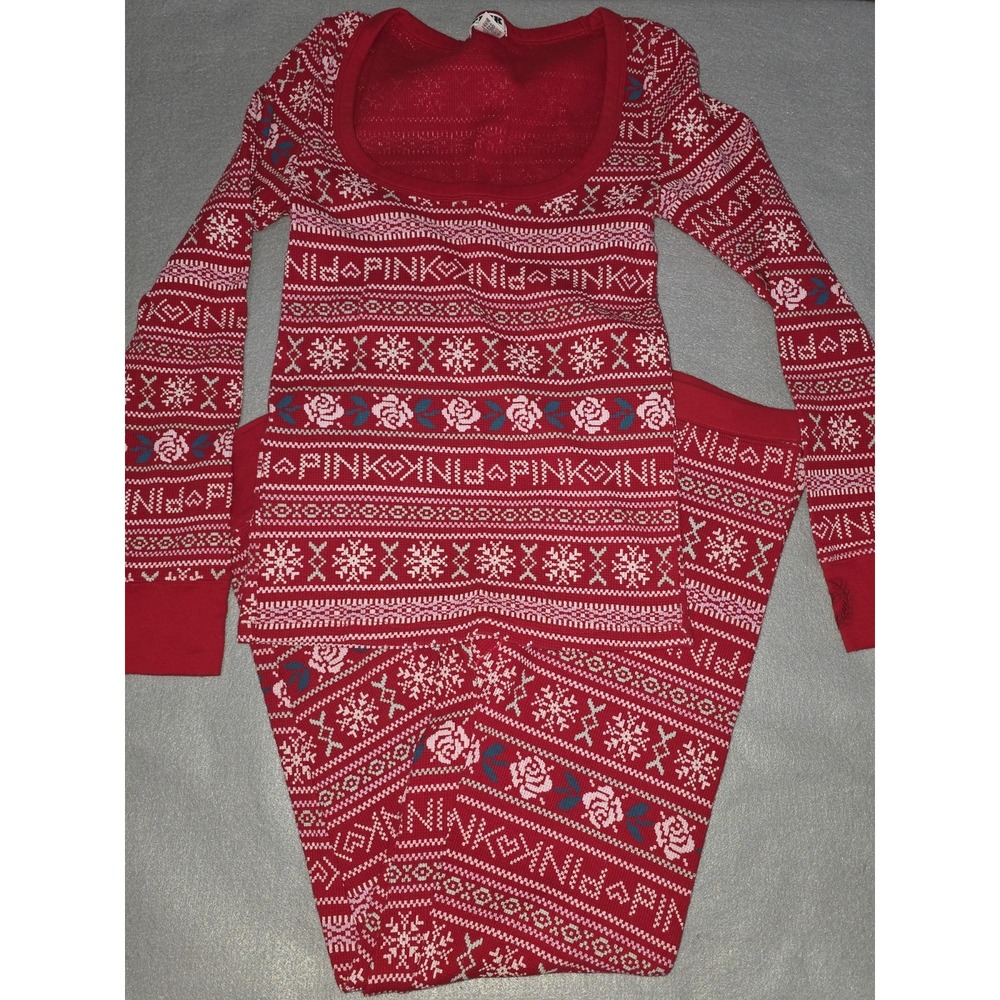 Victoria's Secret PINK Logo Red Thermal Pajama Set M Fair Isle 2pc Top Bottoms